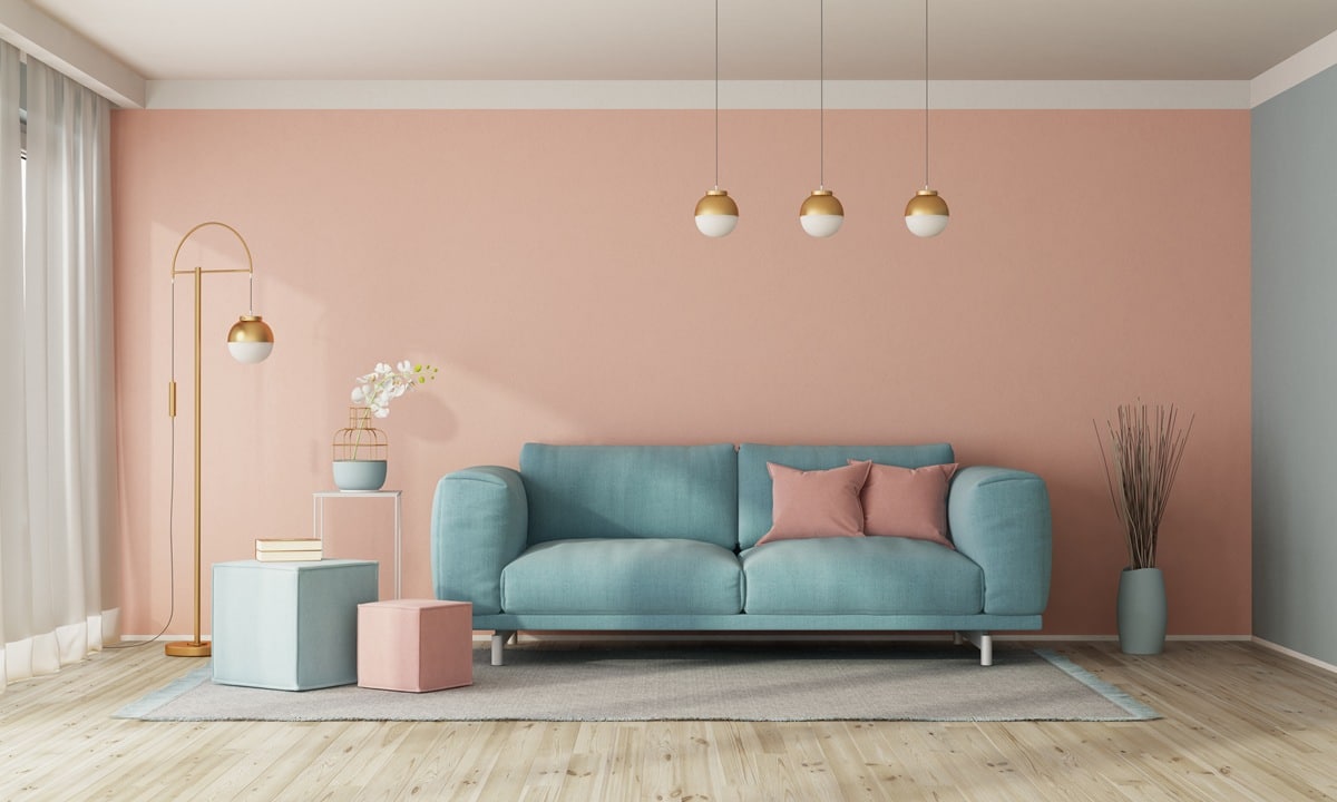 Modern living room interior with sofa on empty pastel color wall %painting services% - Apex Coating Company, LLC. How to Paint Over Dark Walls Without Losing Your Mind (or Weekend)